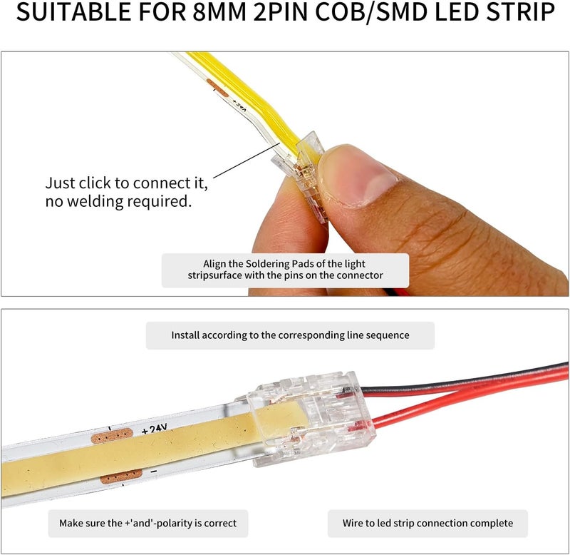 HEYAN 20 Pcs 2 Pin 8mm Solderless Transparent LED Strip Connector Strip to Wire for 12V 24V Single Color LED Light Strips - Image 5
